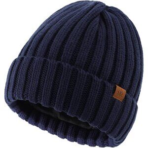Men Navy Blue Winter Hat Wool Fleece Lined Knit Beanie Hat Warm Stocking Caps